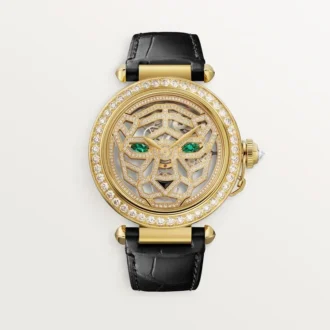 Andre Panthere-smykkeklokker – 41 mm, mekanisk urverk med håndopptrekking, 18 karat gult gull, diamanter, utskiftbare lærremmer – Cartier