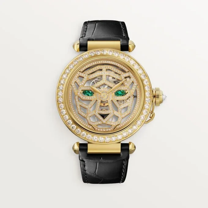 Andre Panthere-smykkeklokker – 41 mm, mekanisk urverk med håndopptrekking, 18 karat gult gull, diamanter, utskiftbare lærremmer – Cartier