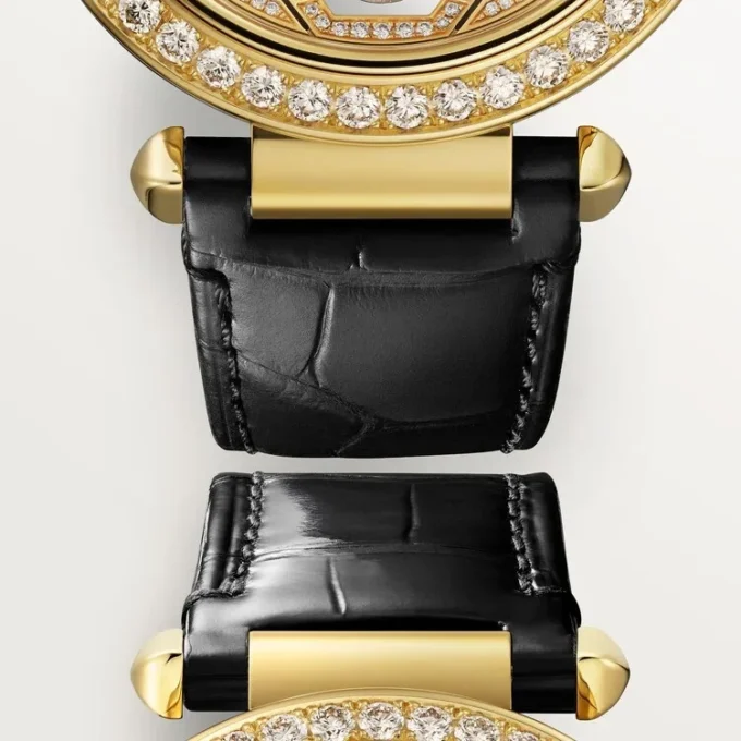 Andre Panthere-smykkeklokker – 41 mm, mekanisk urverk med håndopptrekking, 18 karat gult gull, diamanter, utskiftbare lærremmer – Cartier