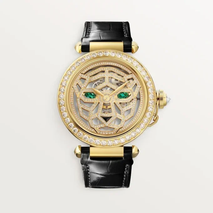 Andre Panthere-smykkeklokker – 41 mm, mekanisk urverk med håndopptrekking, 18 karat gult gull, diamanter, utskiftbare lærremmer – Cartier