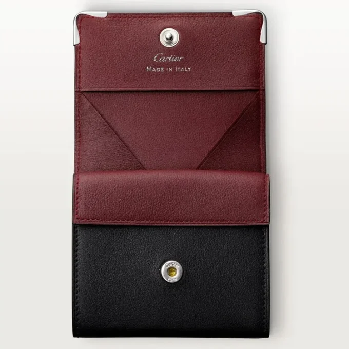 Firkantet myntpung, Must De Cartier – svart kalveskinn, rustfritt stålfinish – Cartier