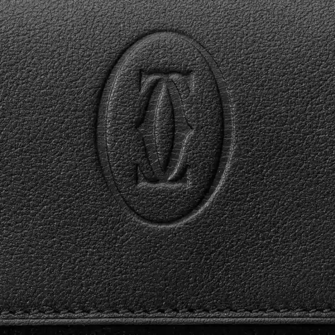 Firkantet myntpung, Must De Cartier – svart kalveskinn, rustfritt stålfinish – Cartier