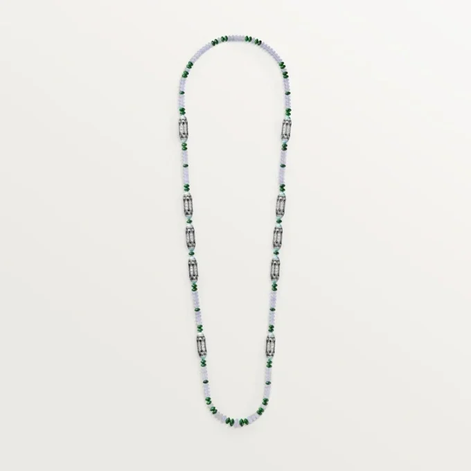 High Jewelry-halskjede – hvitt gull, kalcedon, skarn, turkis, svart lakk, diamanter – Cartier