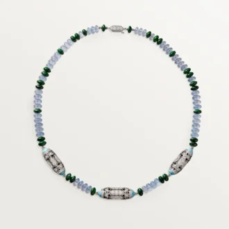 High Jewelry-halskjede – hvitt gull, kalcedon, skarn, turkis, svart lakk, diamanter – Cartier