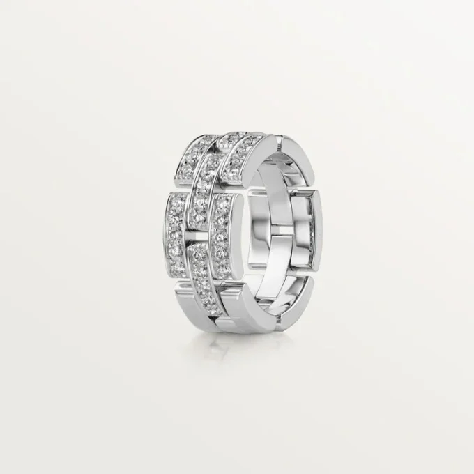 Maillon Panthere-ring, 3 halve rader med diamantbelegg – hvitt gull, diamanter – Cartier