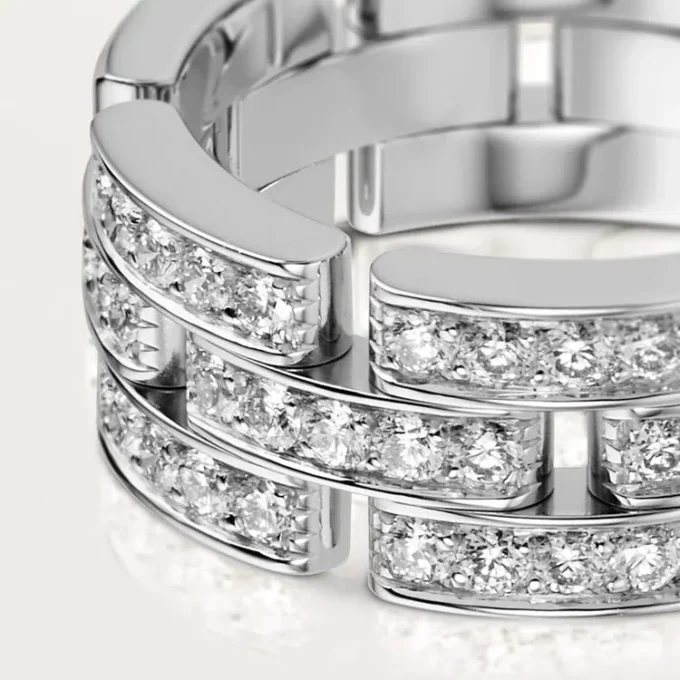 Maillon Panthere-ring, 3 halve rader med diamantbelegg – hvitt gull, diamanter – Cartier