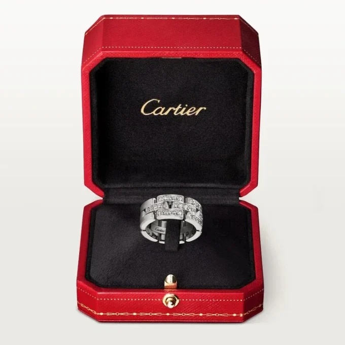 Maillon Panthere-ring, 3 halve rader med diamantbelegg – hvitt gull, diamanter – Cartier