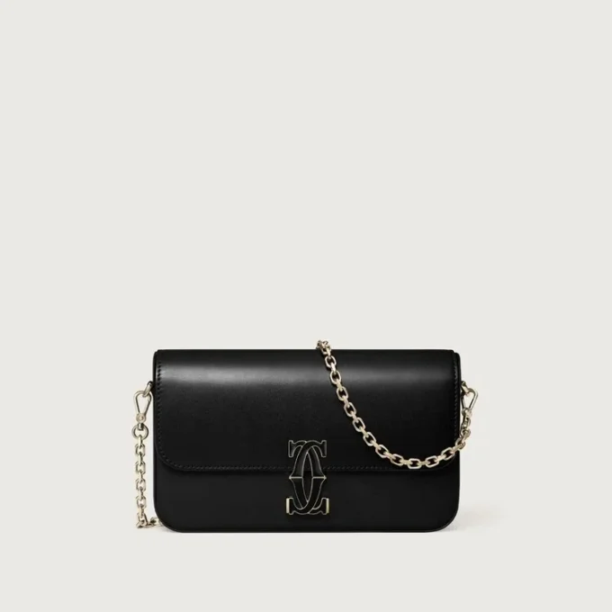 Mini-kjedeveske, Double C De Cartier – svart kalveskinn, gull og svart emaljefinish – Cartier