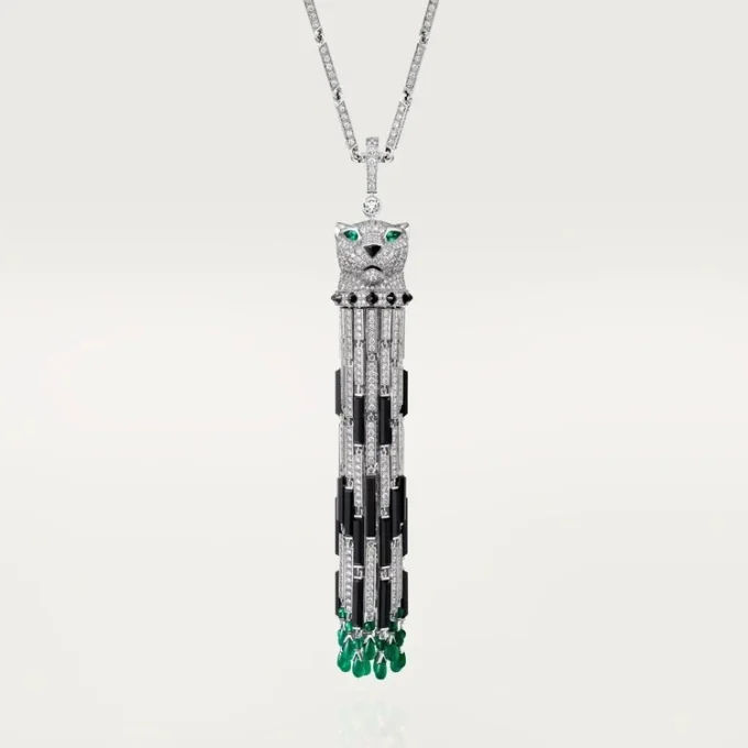 Panthere De Cartier langt halskjede, smaragd, multi-wear, stor modell, pavé