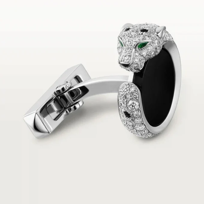 Panthere De Cartier mansjettknapper – rhodinert hvitt gull, diamanter, smaragder, onyx – Cartier