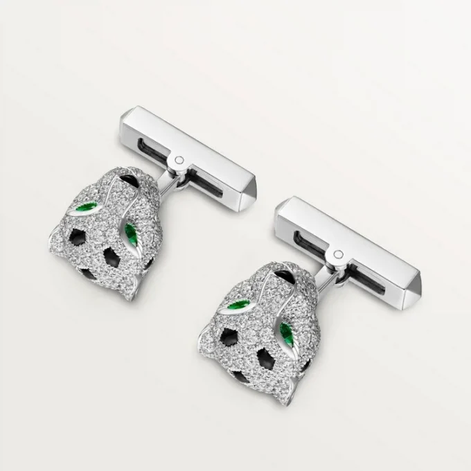 Panthere De Cartier mansjettknapper – rhodinert hvitt gull, diamanter, smaragder, onyx – Cartier