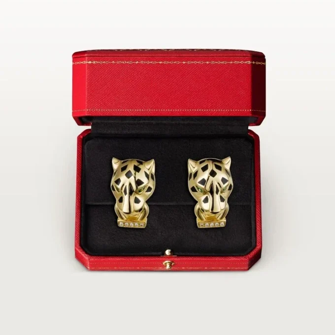 Panthere De Cartier-øreringer – gult gull, lakk, diamanter, tsavorittgranater, onyx – Cartier