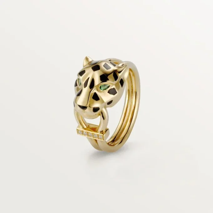 Panthere De Cartier-ring – gult gull, lakk, diamanter, tsavorittgranat – Cartier
