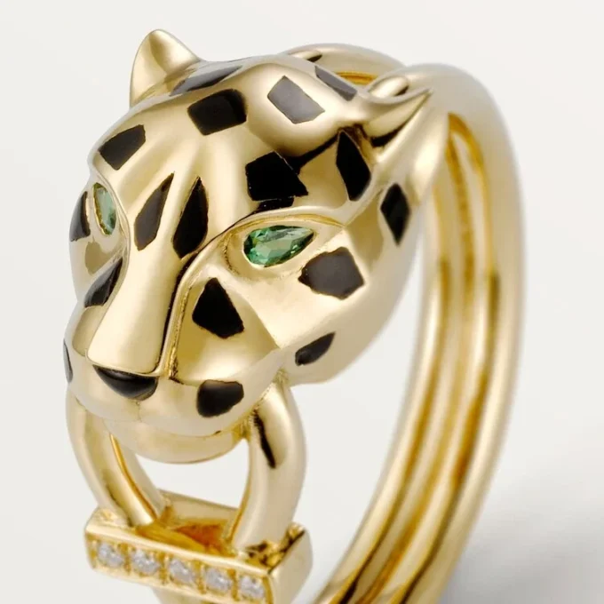 Panthere De Cartier-ring – gult gull, lakk, diamanter, tsavorittgranat – Cartier