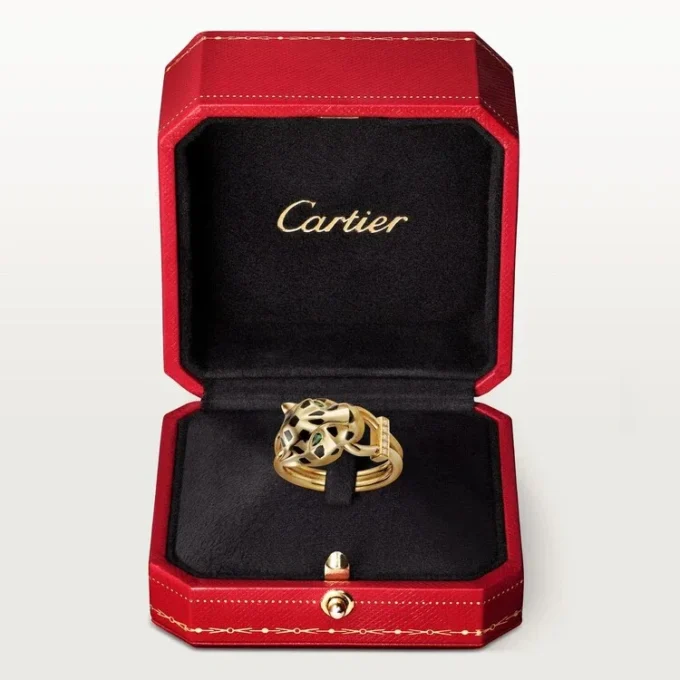 Panthere De Cartier-ring – gult gull, lakk, diamanter, tsavorittgranat – Cartier