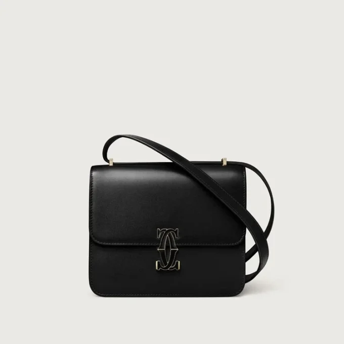 Skulderveske, Mini, Double C De Cartier – Svart kalveskinn, gull og svart emaljefinish – Cartier