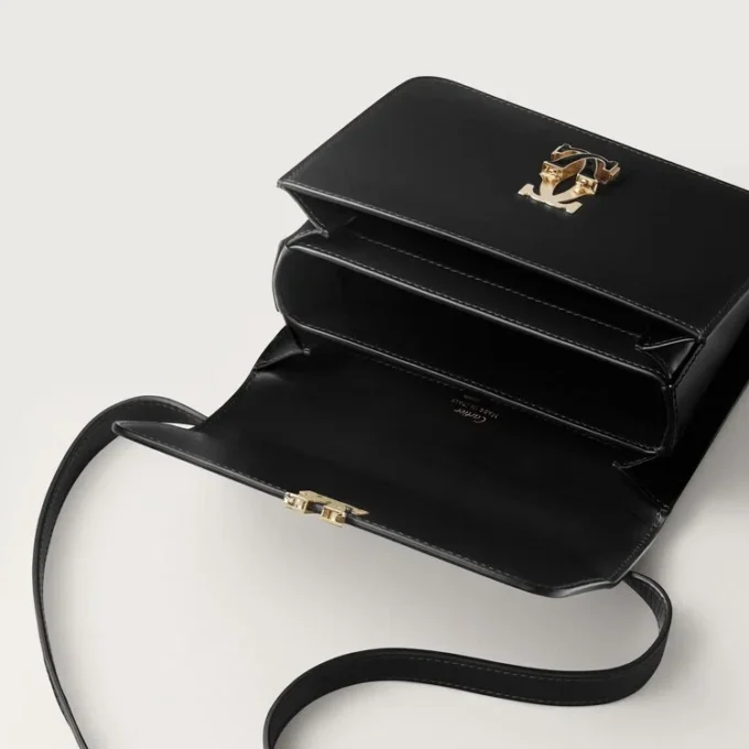 Skulderveske, Mini, Double C De Cartier – Svart kalveskinn, gull og svart emaljefinish – Cartier
