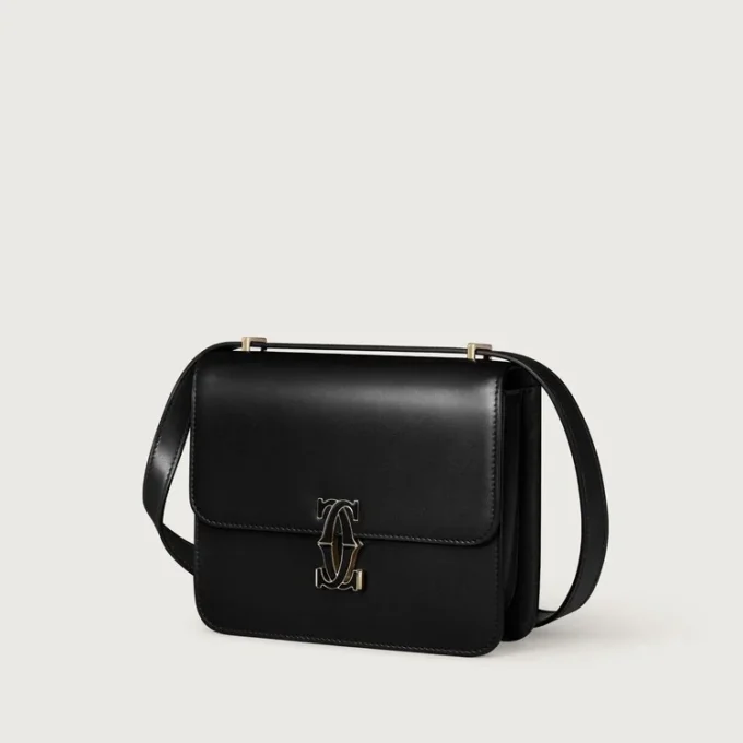 Skulderveske, Mini, Double C De Cartier – Svart kalveskinn, gull og svart emaljefinish – Cartier